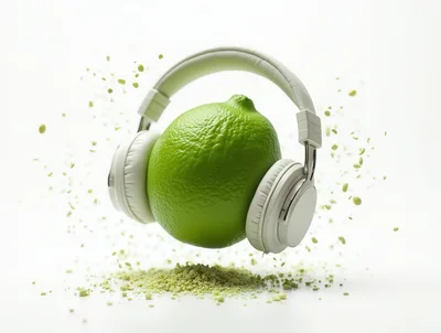 Lime Wearing White Headphones Floating With Crumbs
