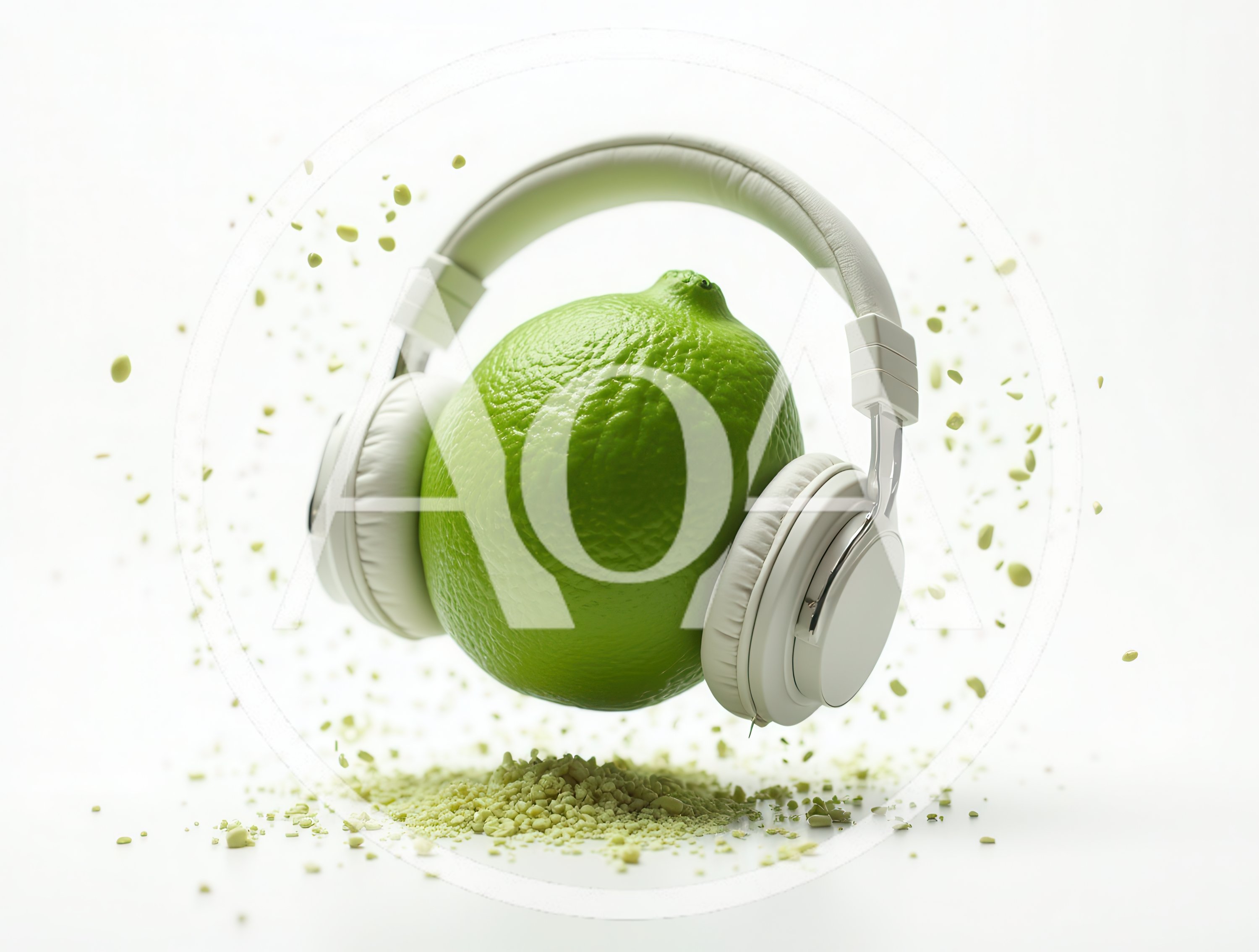 Lime Wearing White Headphones Floating With Crumbs