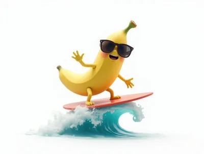 Cartoon Banana Character Surfing On A Wave