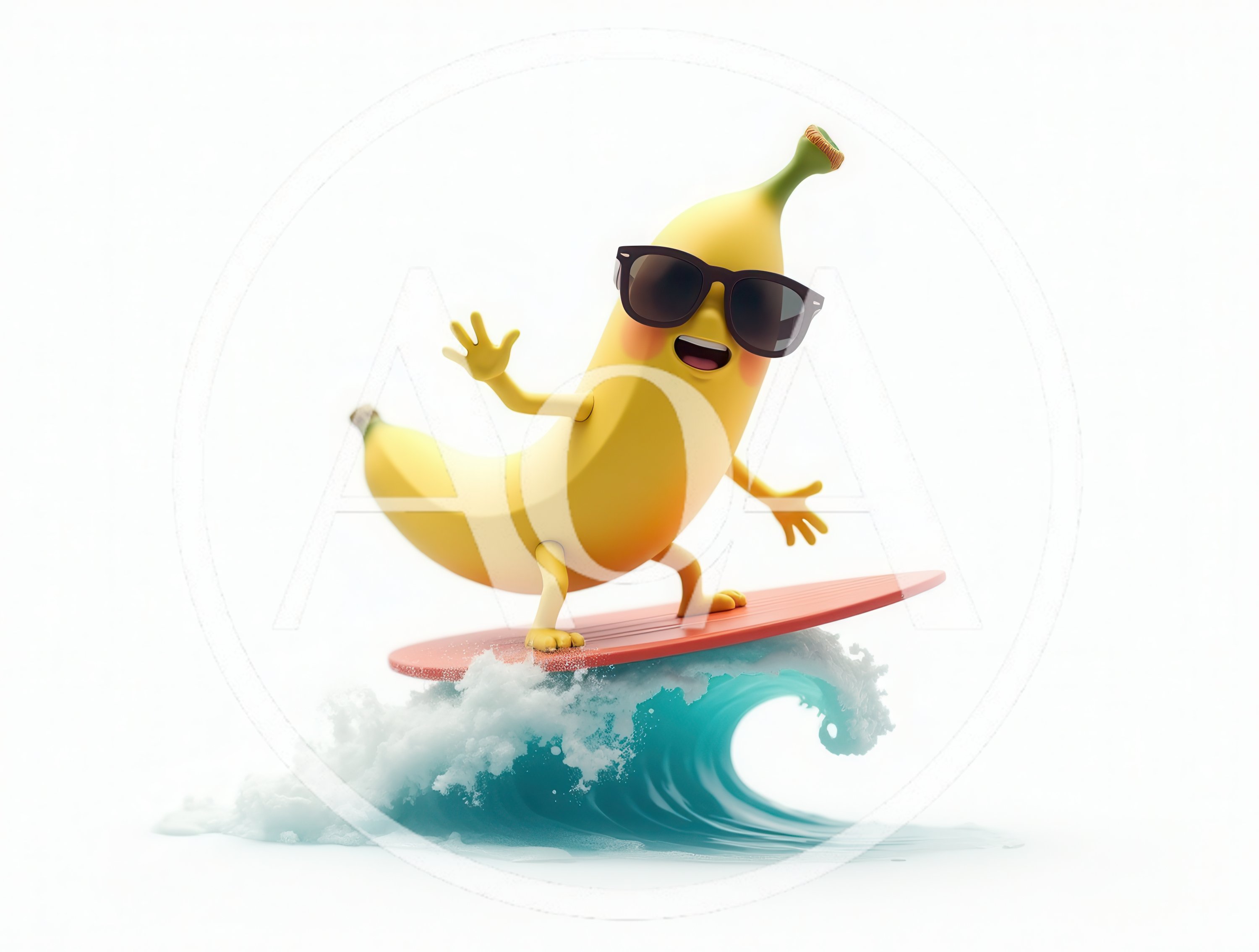 Cartoon Banana Character Surfing On A Wave