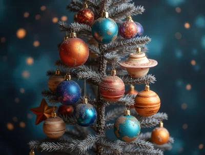 Christmas Tree Decorated With Celestial Planet Ornaments