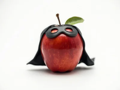Red Apple Wearing A Superhero Mask And Cape