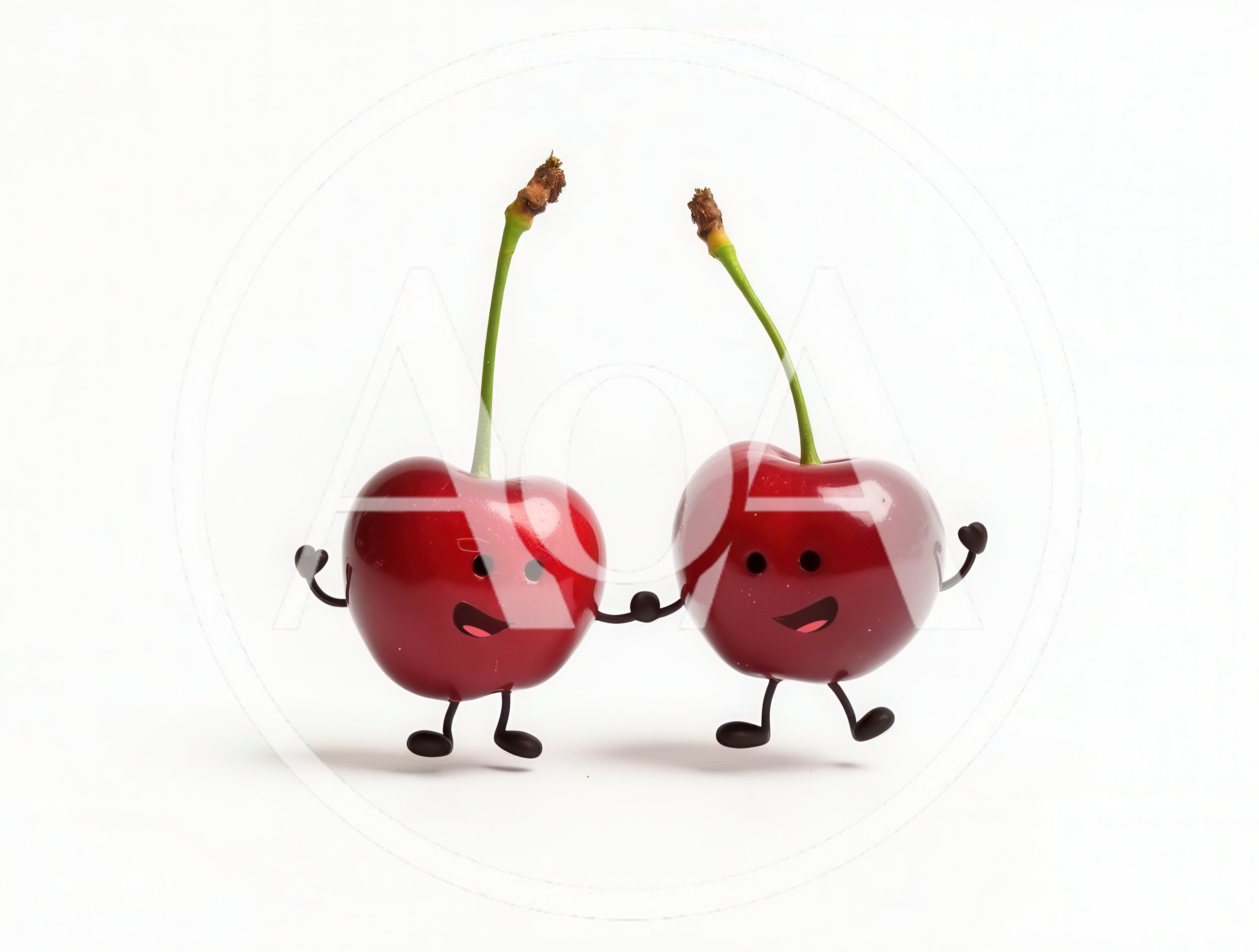 Two Anthropomorphic Cherries Holding Hands