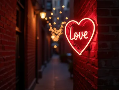 Neon Love Heart Sign on Brick Alleyway Wall