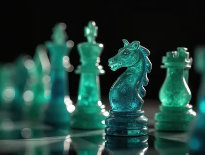 Teal Translucent Chess Pieces on a Reflective Board