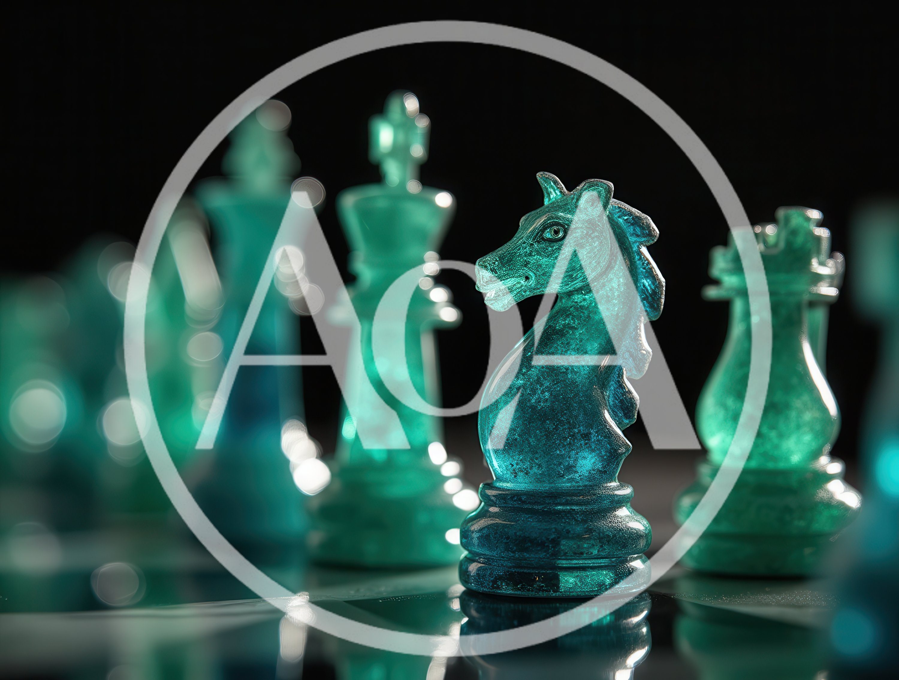Teal Translucent Chess Pieces on a Reflective Board