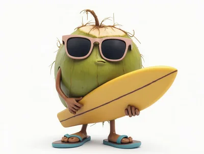 Anthropomorphic Coconut Character Holding A Surfboard
