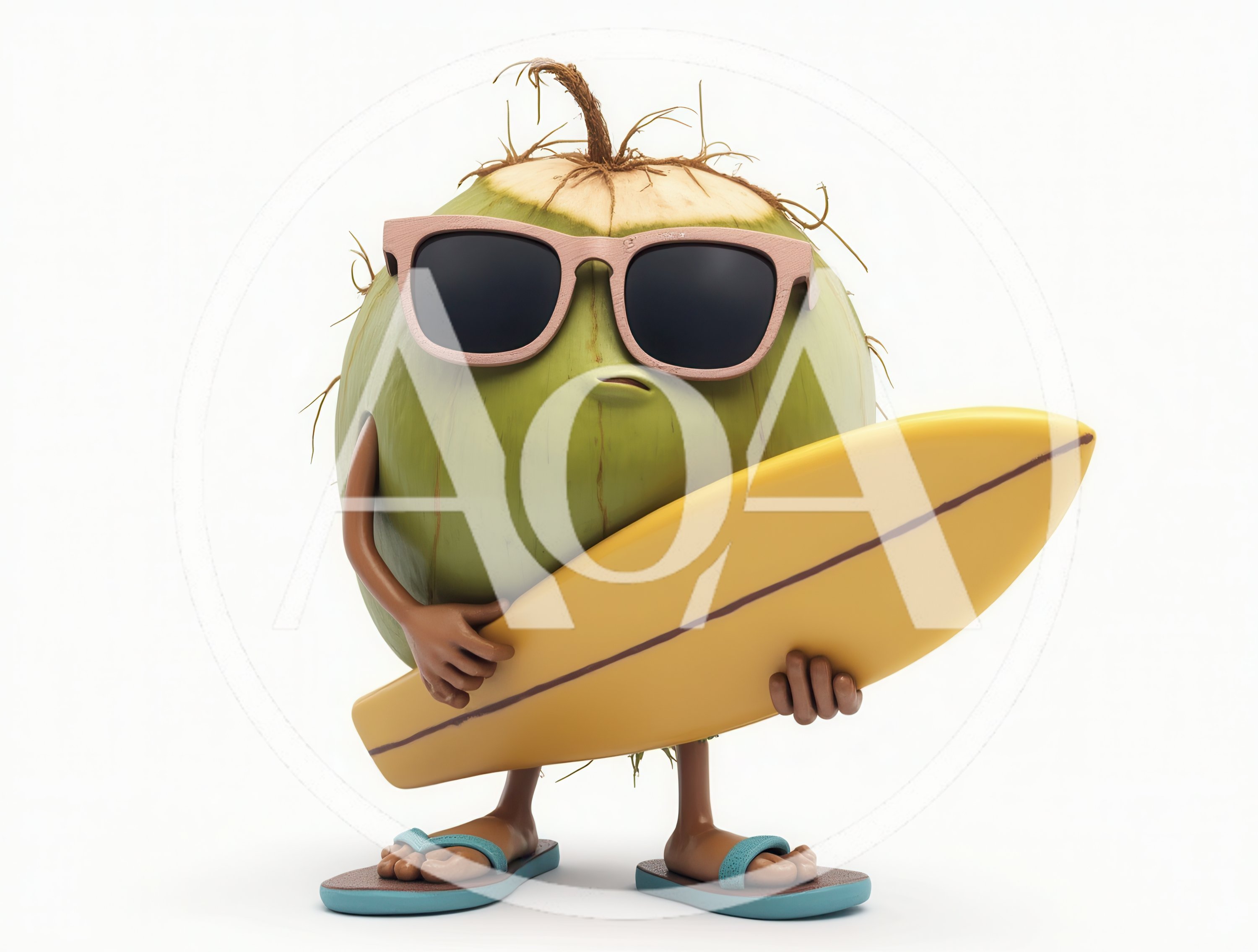 Anthropomorphic Coconut Character Holding A Surfboard