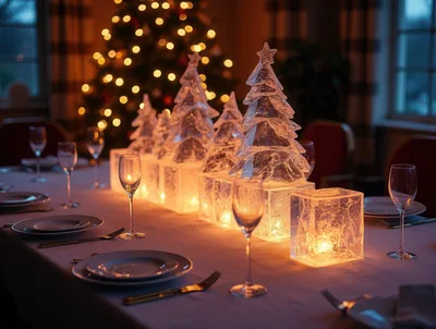 Elegant Christmas Dinner Table Setting With Ice Sculptures
