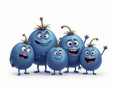 Group Of Five Anthropomorphic Blue Berry Characters