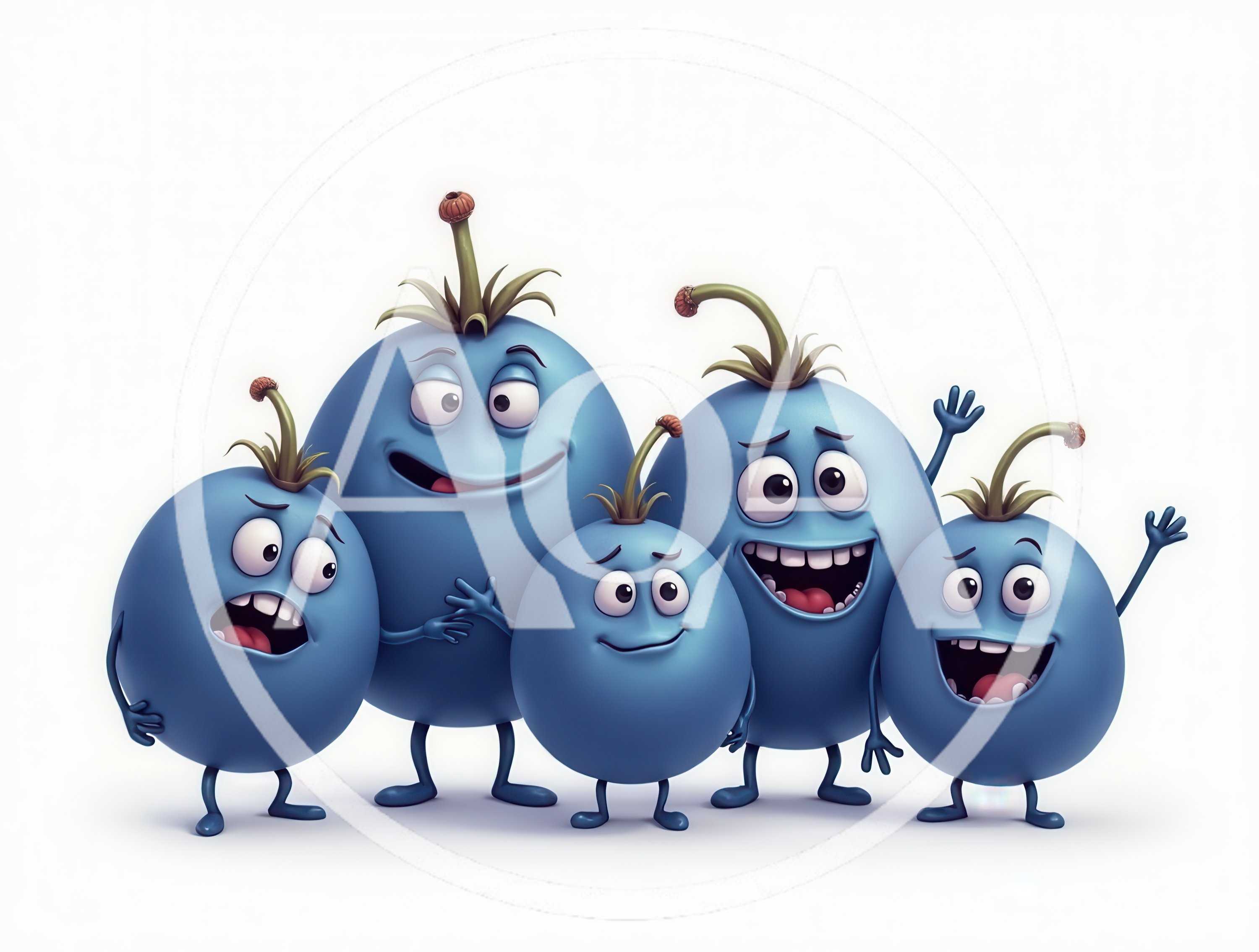Group Of Five Anthropomorphic Blue Berry Characters
