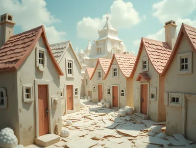 Miniature Clay Model Village With Ornate Castle