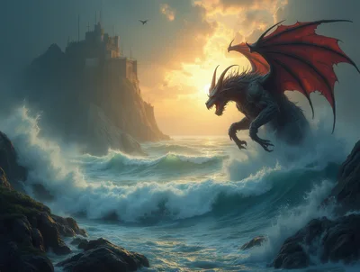 Dark Dragon Emerging From Ocean Waves Near Coastal Castle