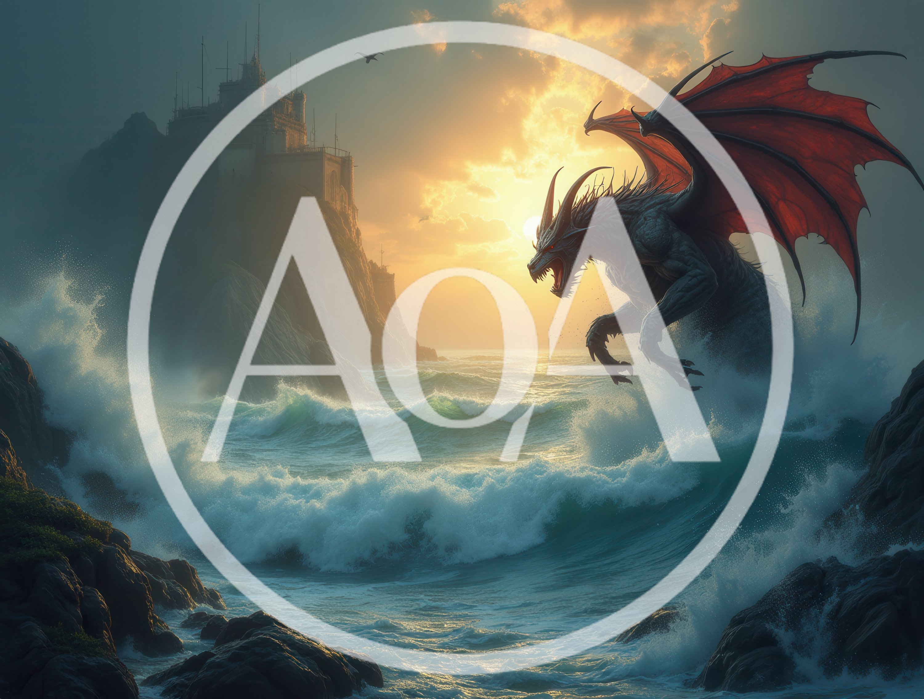 Dark Dragon Emerging From Ocean Waves Near Coastal Castle