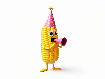 3D Cartoon Corn Character Wearing Party Hat