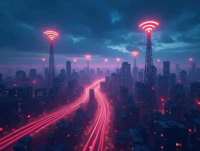 Futuristic Cityscape With Glowing Wi-Fi Signal Towers