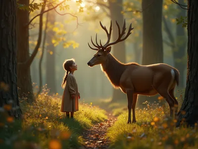 Young Girl Encountering A Majestic Stag In A Forest