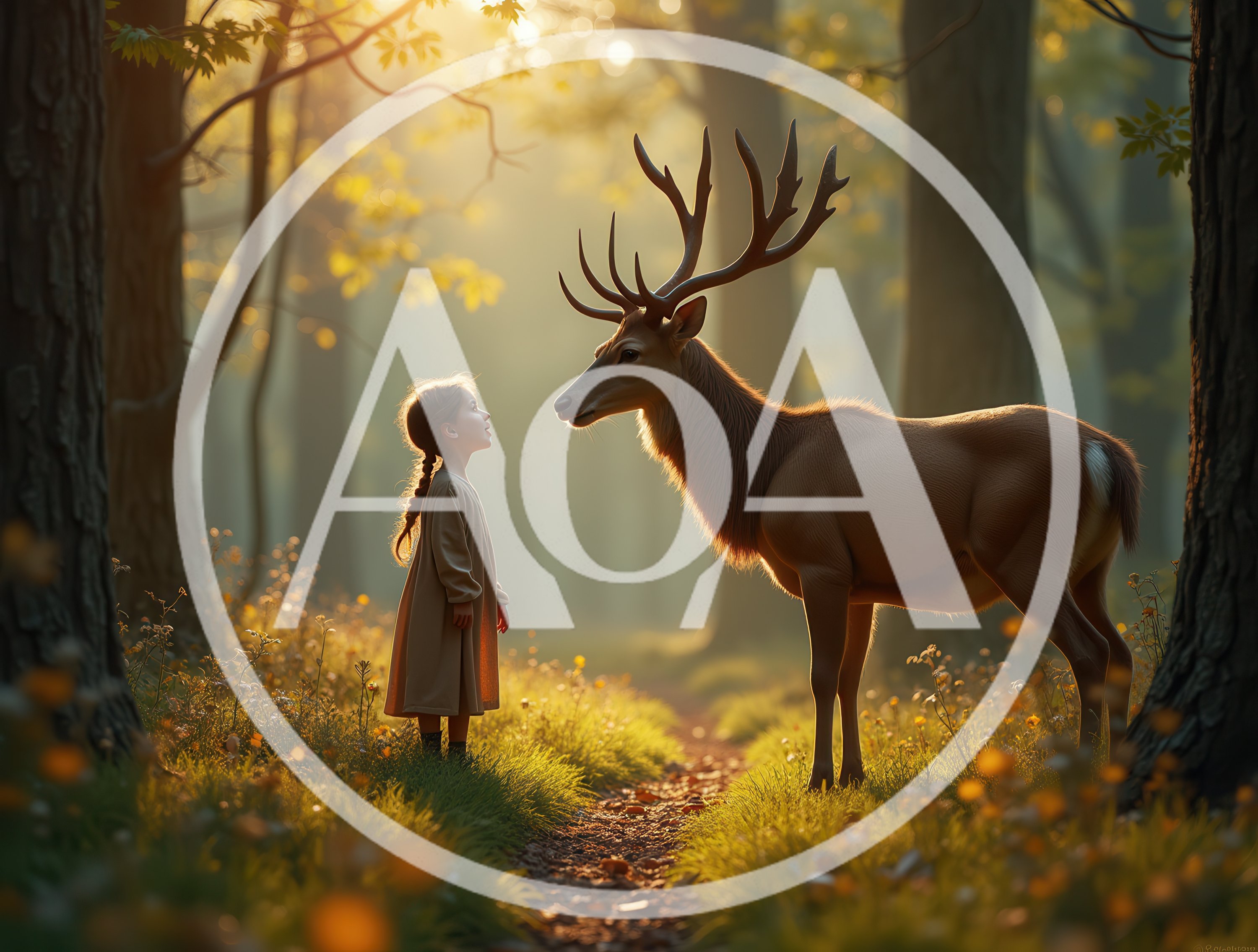 Young Girl Encountering A Majestic Stag In A Forest