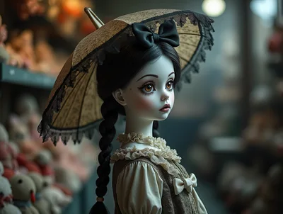 Gothic Doll With Parasol In Toy Store