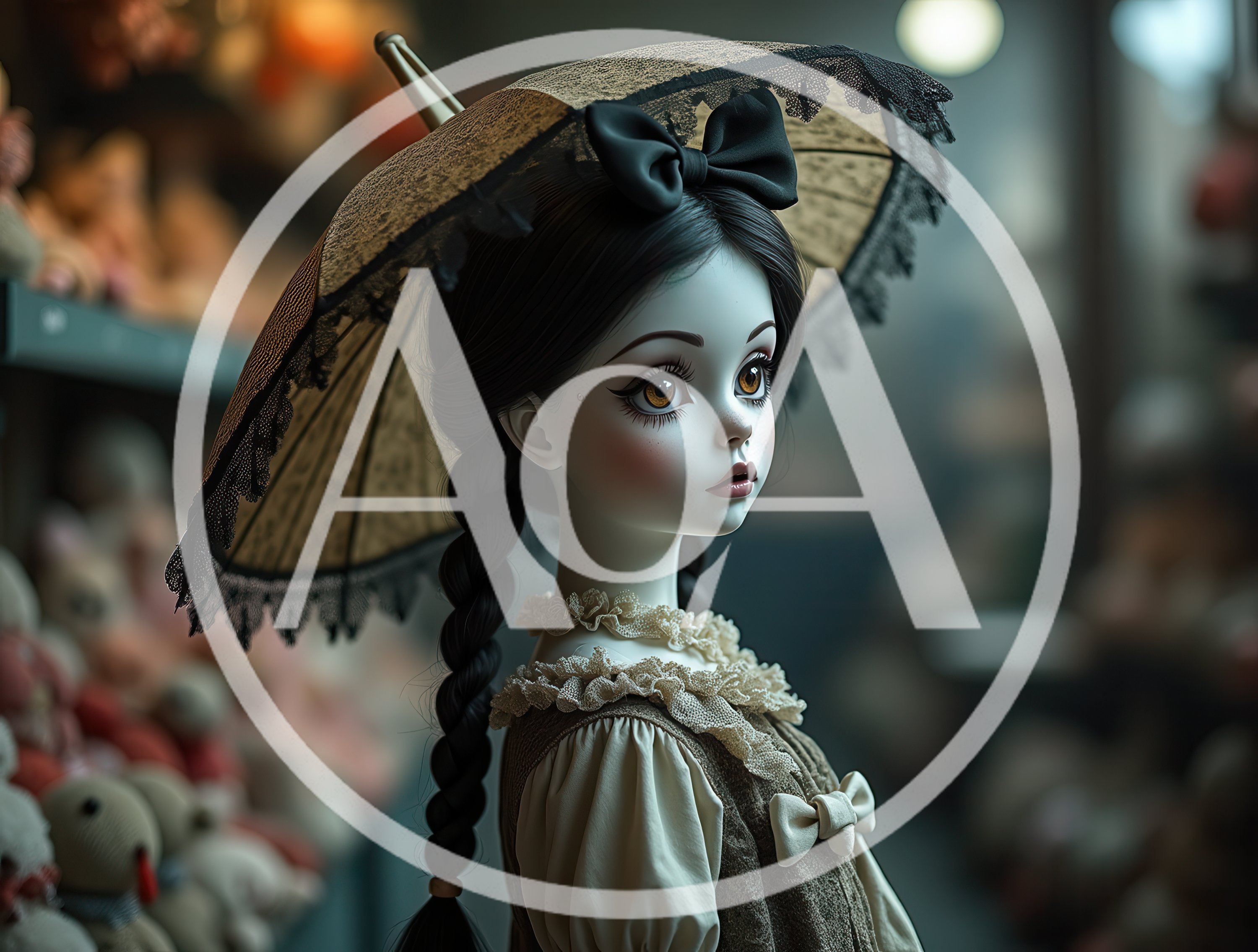 Gothic Doll With Parasol In Toy Store