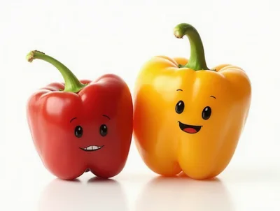 Two Anthropomorphic Bell Peppers With Smiling Faces