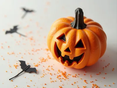 Jack-O-Lantern Pumpkin With Decorative Bats And Confetti