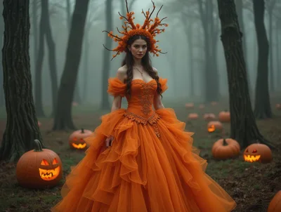 Woman In Orange Gown Standing In Foggy Pumpkin Forest