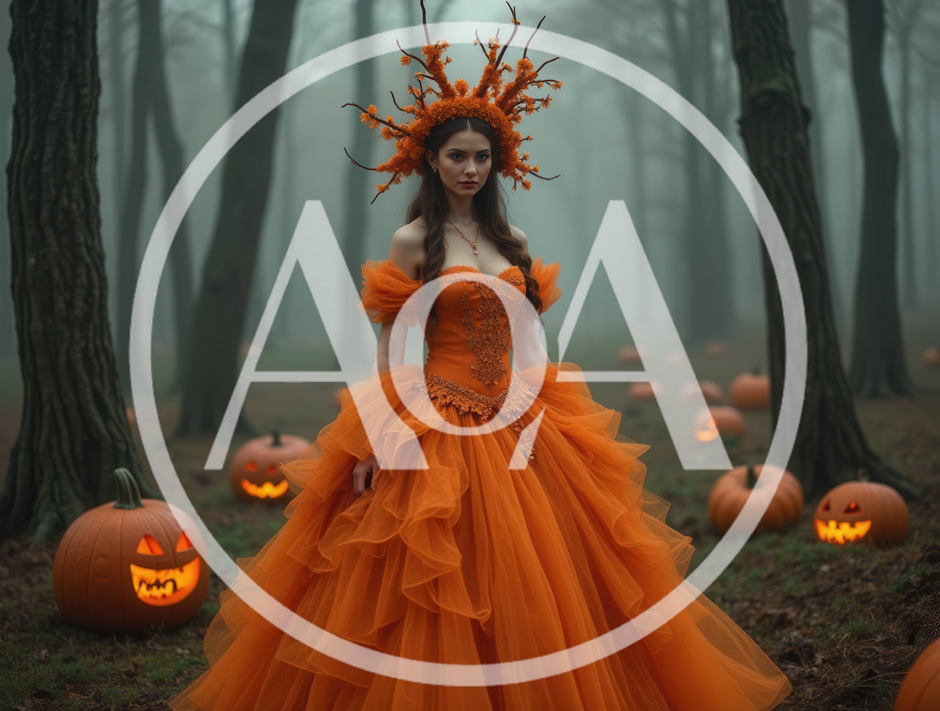 Woman In Orange Gown Standing In Foggy Pumpkin Forest