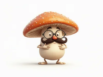 Cute Cartoon Mushroom Character With Mustache And Glasses
