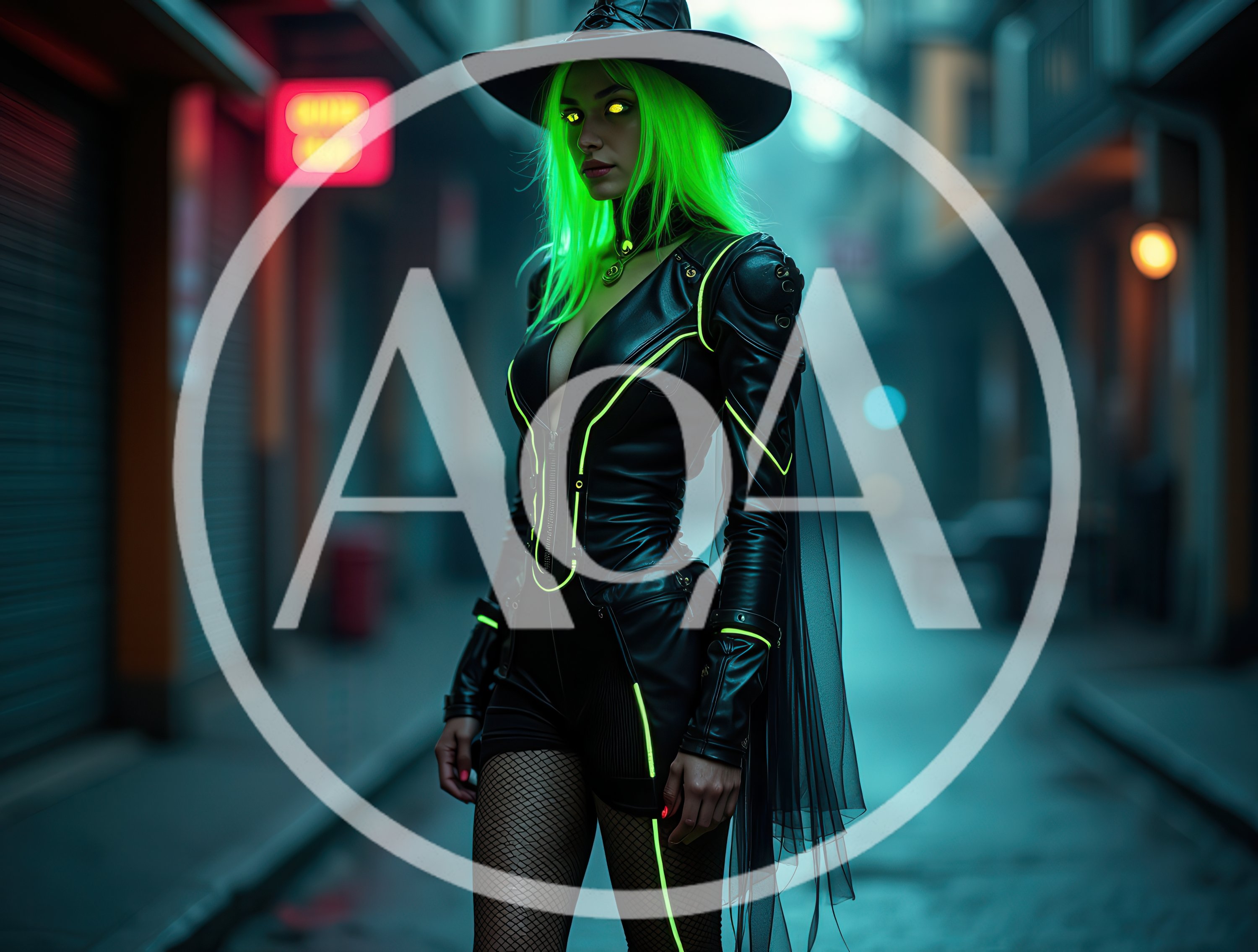 Cyberpunk Witch Standing In A Neon Lit Alleyway