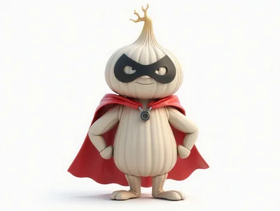 3D Rendered Garlic Superhero Character With Red Cape