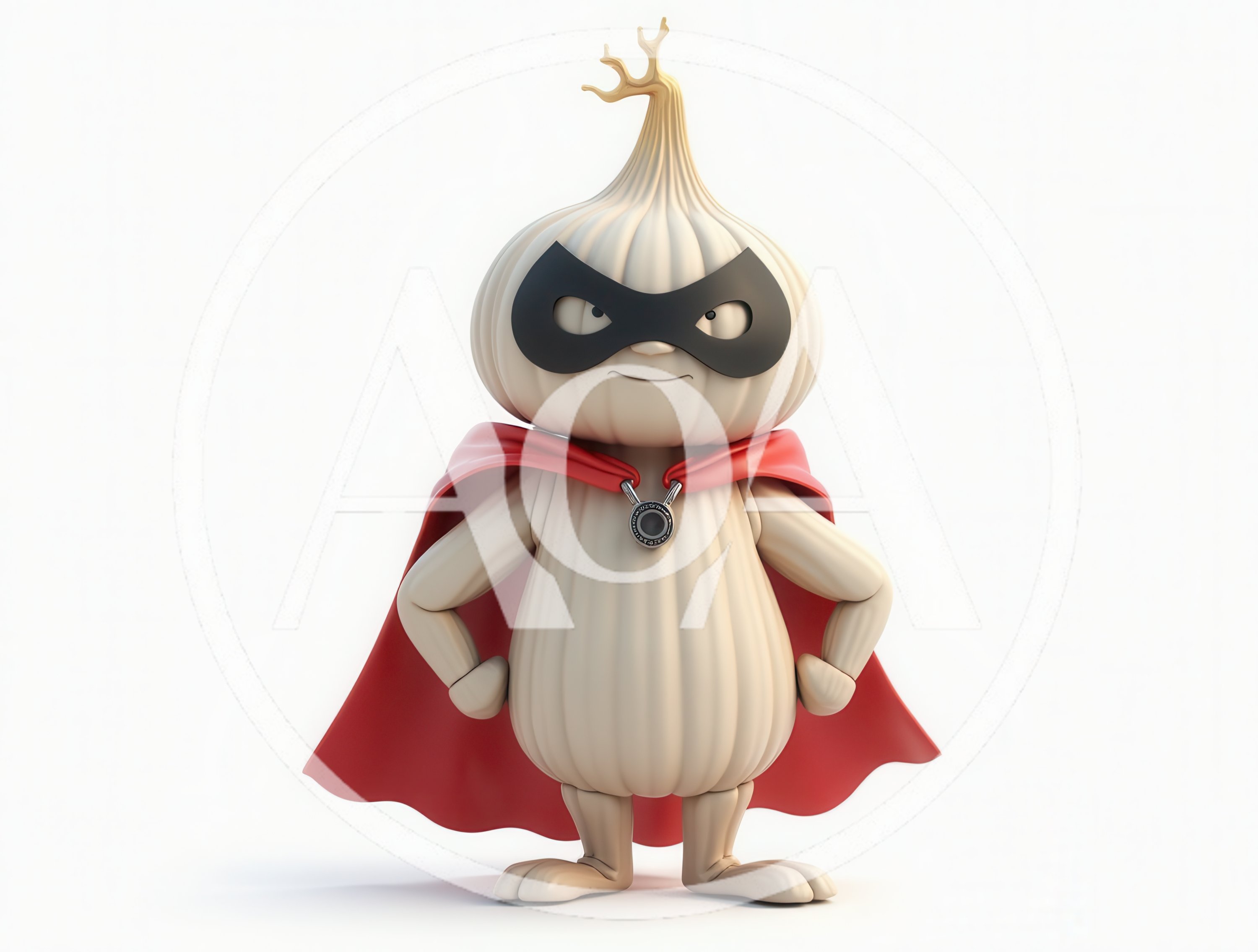3D Rendered Garlic Superhero Character With Red Cape