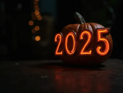 Glowing 2025 Neon Numbers Carved Into A Pumpkin