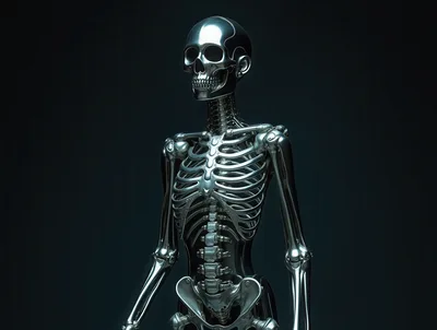 Metallic Humanoid Skeleton Model On Dark Background