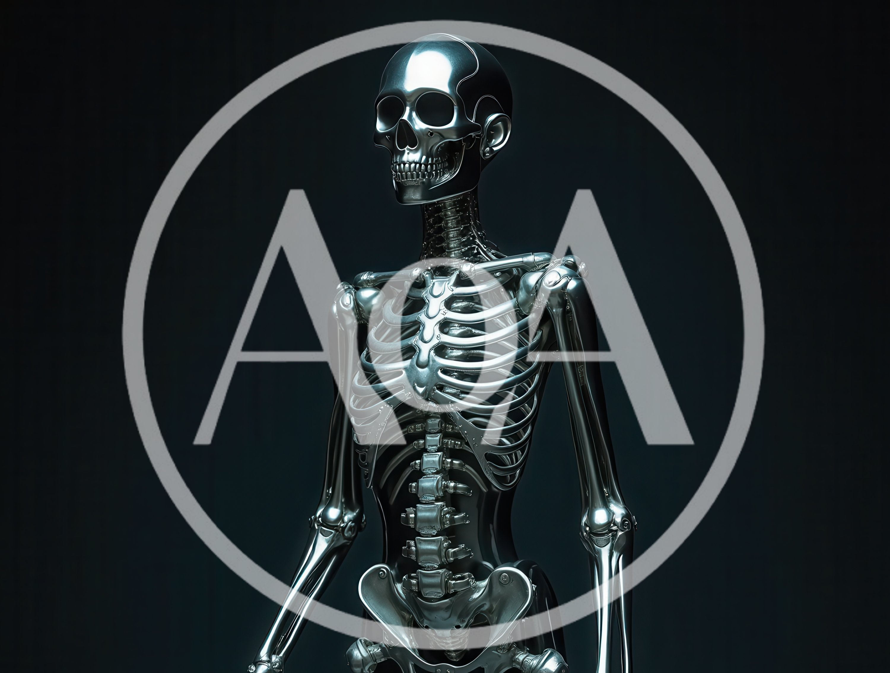 Metallic Humanoid Skeleton Model On Dark Background
