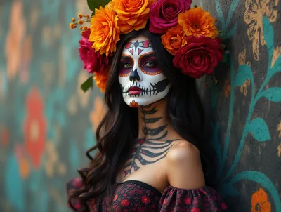 Woman With Sugar Skull Makeup And Floral Crown