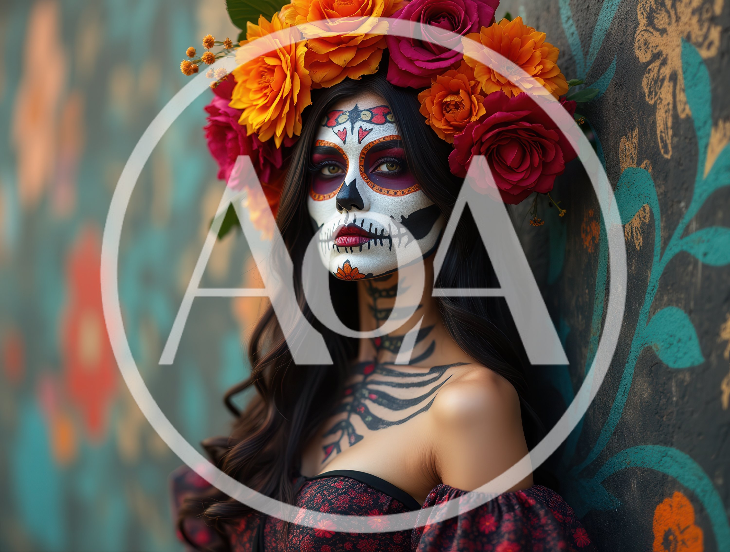 Woman With Sugar Skull Makeup And Floral Crown
