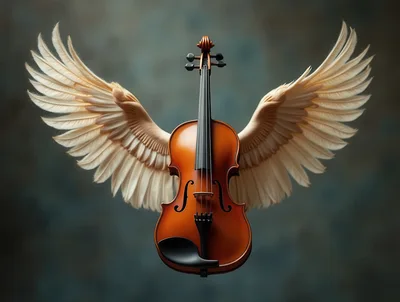 Violin With Large Angelic Wings Floating In Midair
