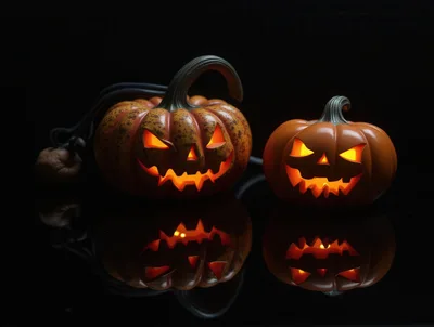 Two Glowing Jack O Lanterns On Reflective Surface