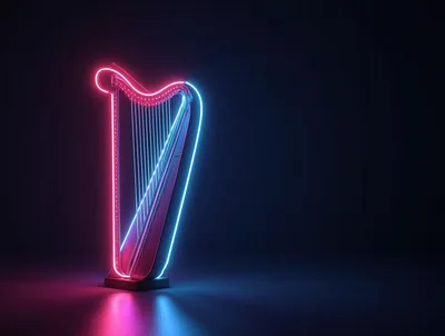 Neon Harp Illuminated In Dark Studio Setting