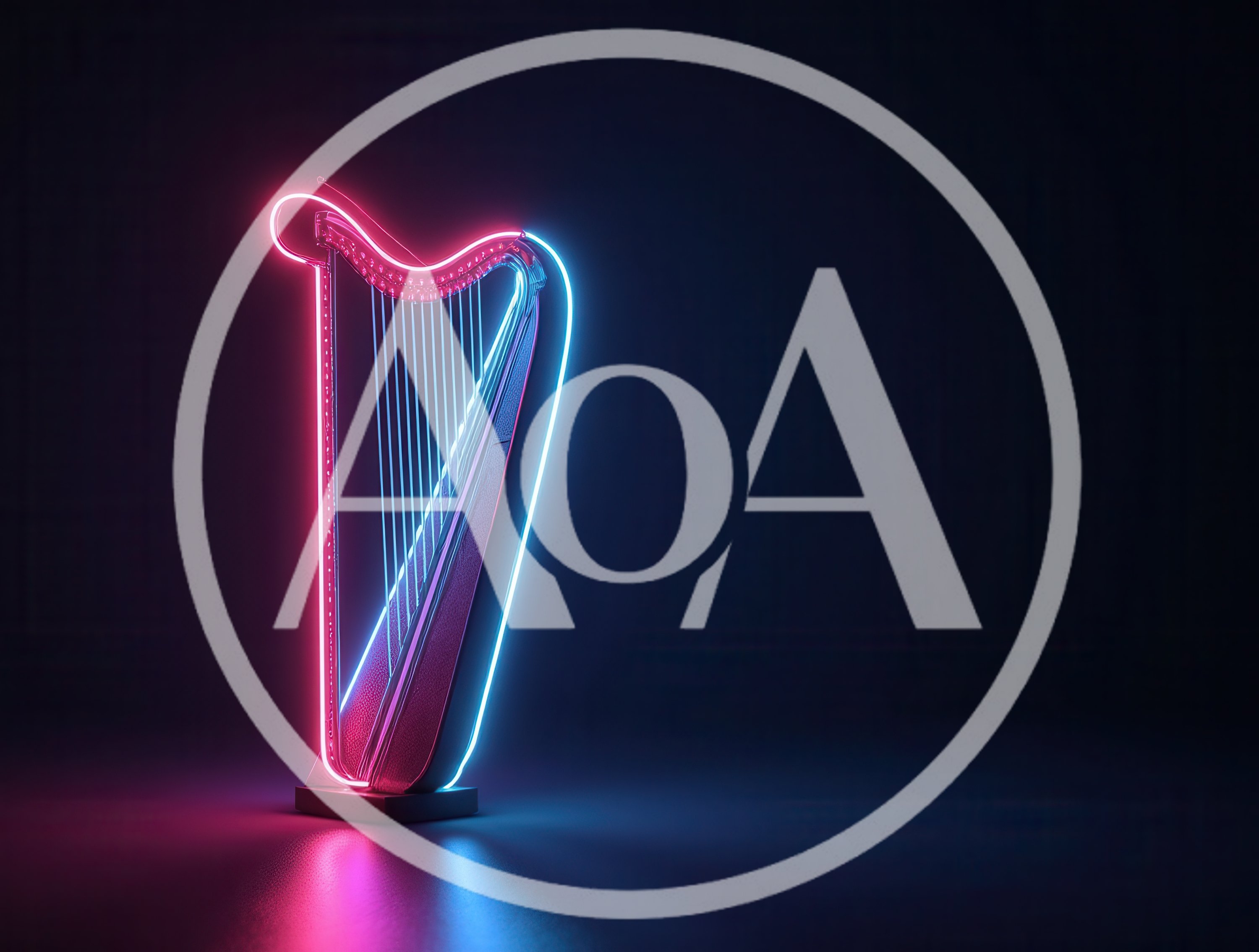Neon Harp Illuminated In Dark Studio Setting