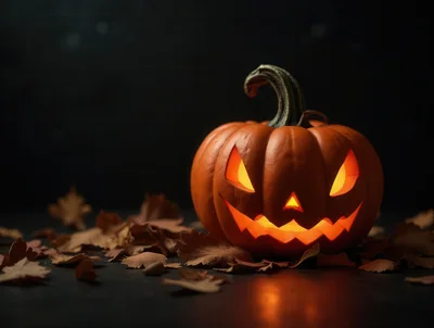 Glowing Jack O Lantern Pumpkin With Autumn Leaves