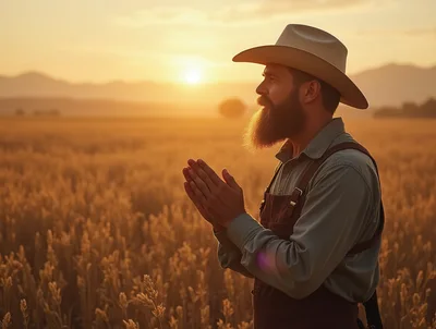 Farmer Praying In A Golden Wheat Field At Sunset