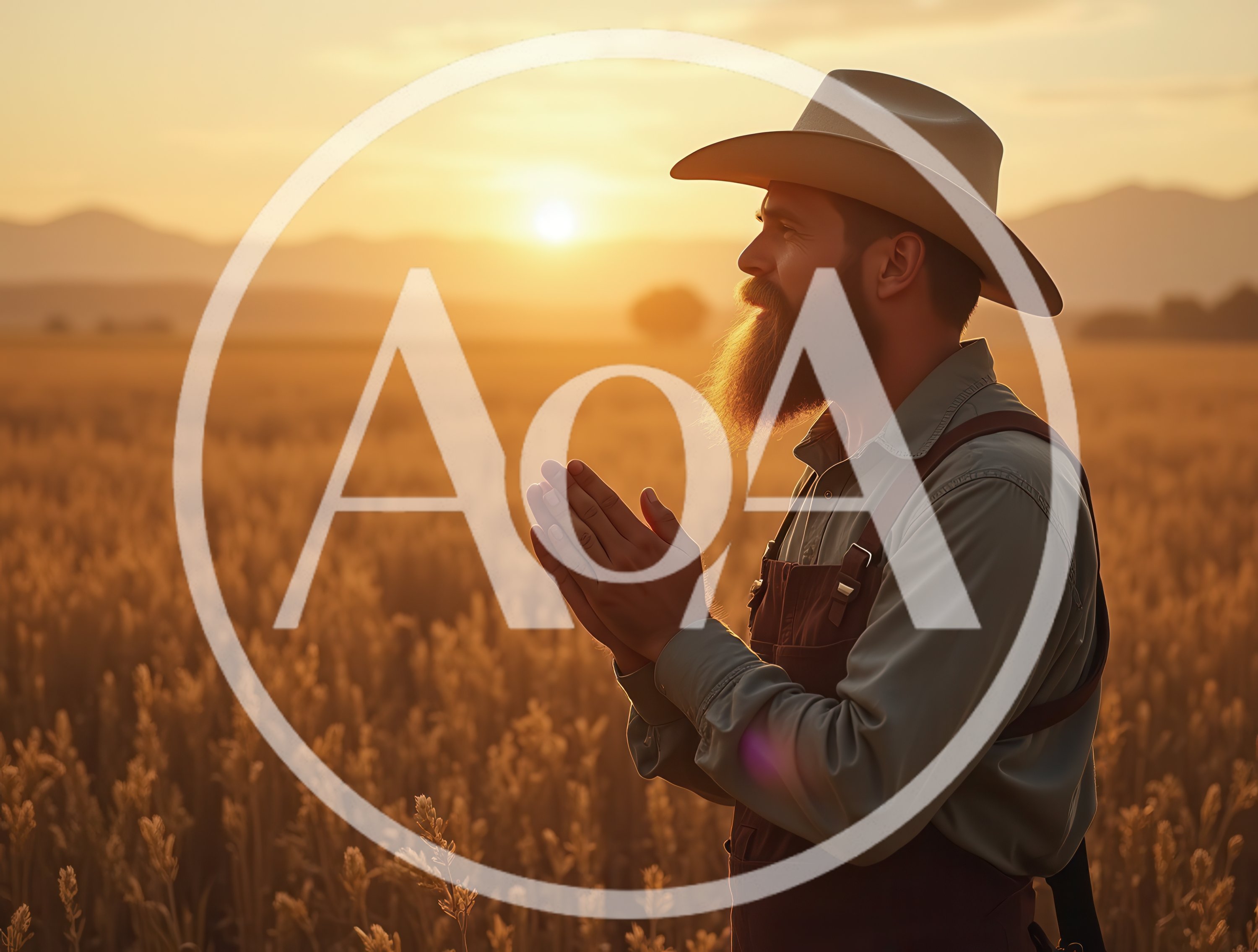 Farmer Praying In A Golden Wheat Field At Sunset