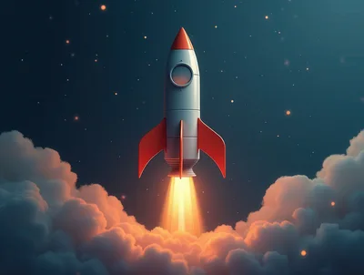 Cartoon Rocket Ship Launching Through Clouds Into Space
