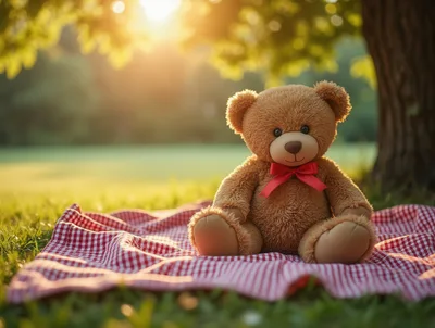 Teddy Bear Sitting On A Picnic Blanket
