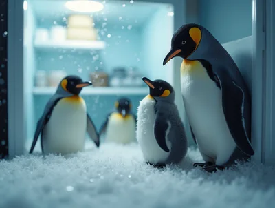 Group Of King Penguins Inside A Refrigerator