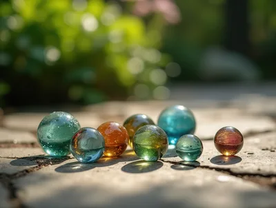 Colorful Glass Marbles Scattered On A Stone Patio