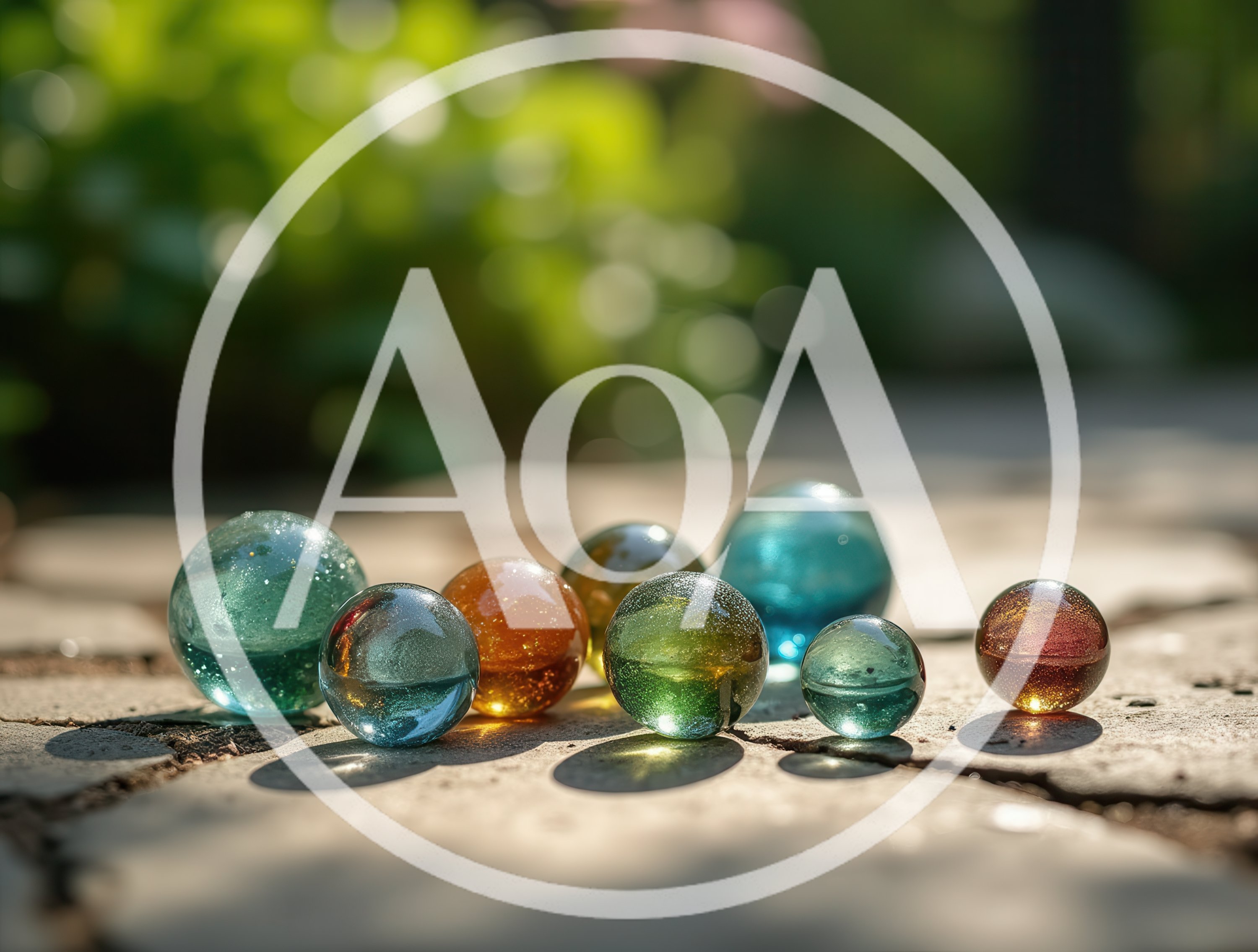 Colorful Glass Marbles Scattered On A Stone Patio