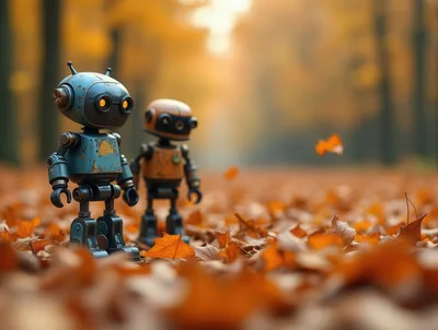 Two Small Vintage Robots Standing In Autumn Forest